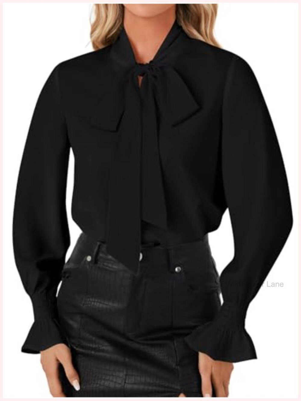 Women's Bow Tie Neck Blouse - Long Sleeve Business Work Top, Flounce Sleeve